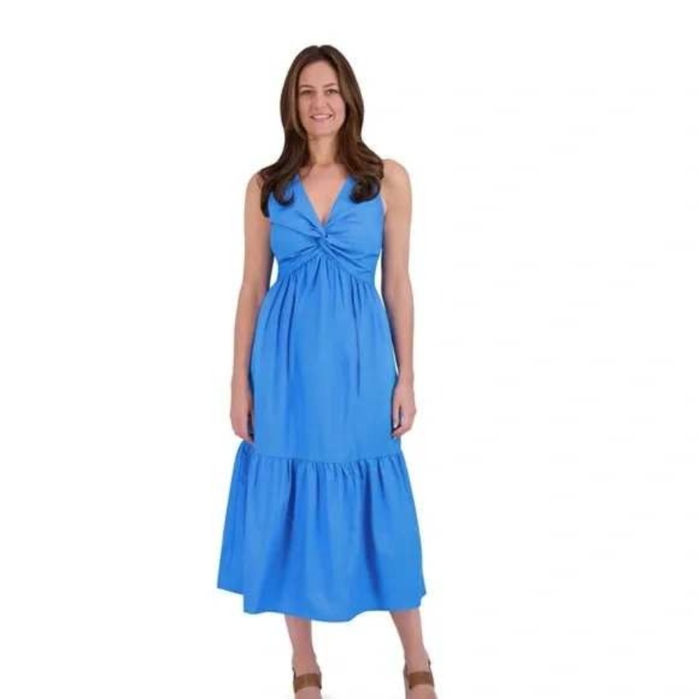 French Connection Adriatic Blue Twist Front Tiered Cotton Midi Dress Large